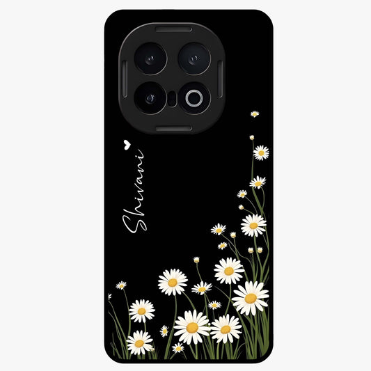Daisy Cascade Custom Name Glass Case showing flat back view with cascading daisy flowers and personalized name design.
