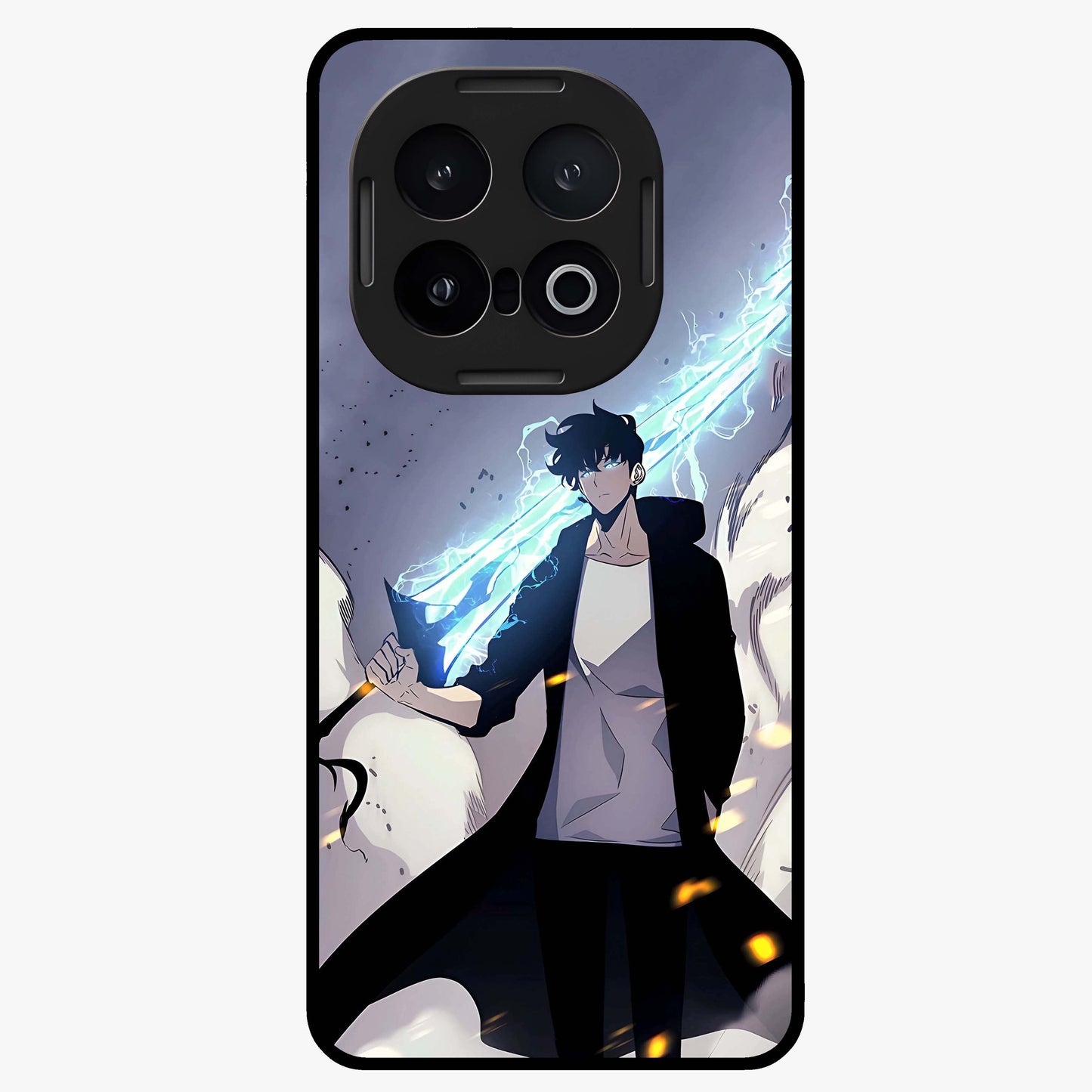 Dark Lightning Anime Warrior Glass Case showing flat back view with intense anime warrior artwork and glossy glass finish.