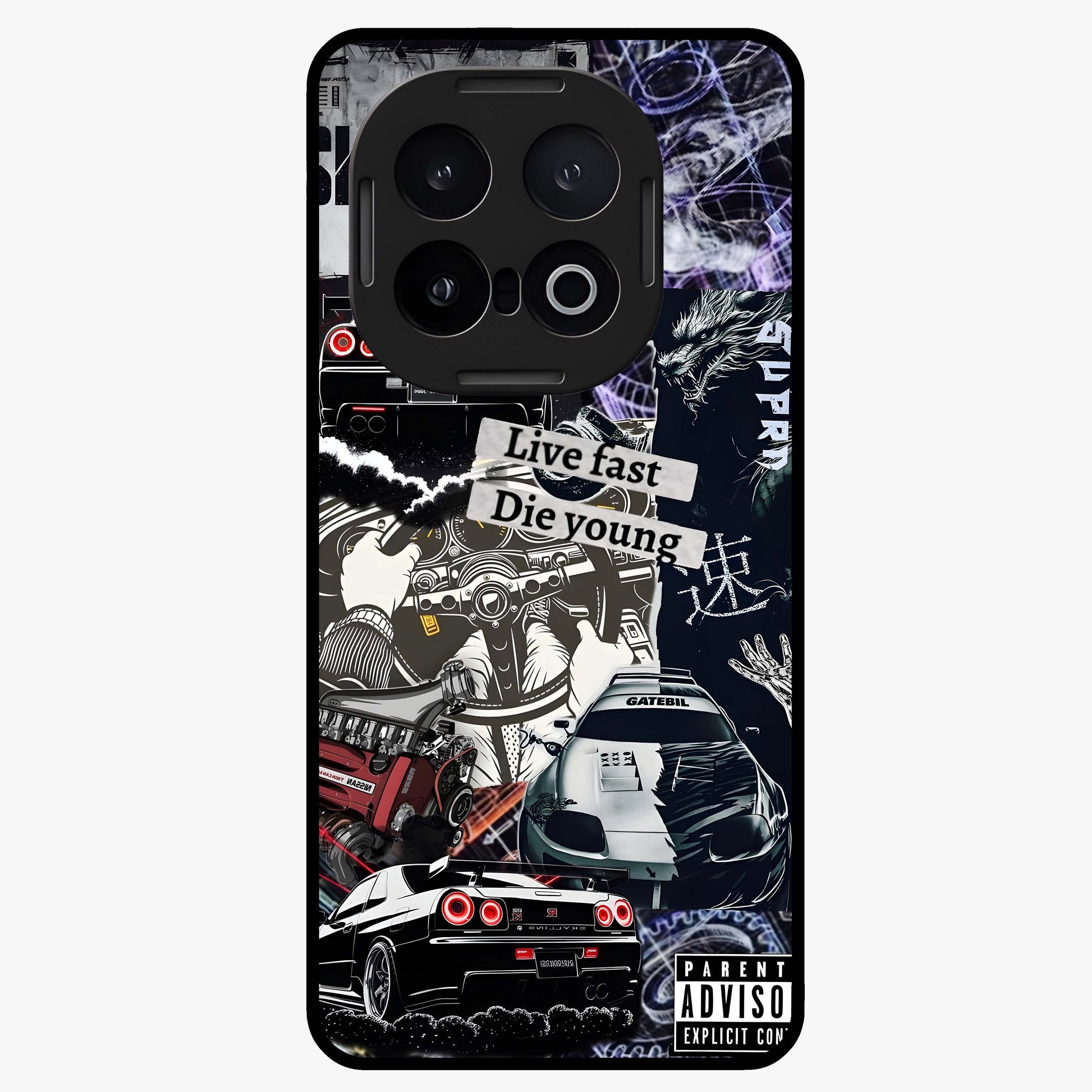 Die Young Glass Case showing flat back view with bold artistic typography design and glossy glass finish.