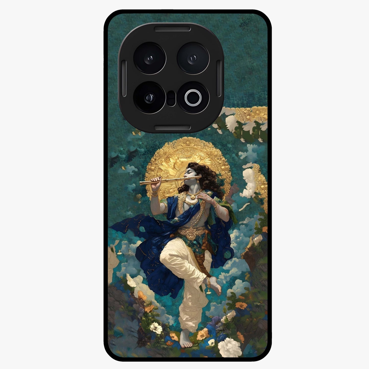 Divine Krishna Art Glass Case showing flat back view with Lord Krishna artwork and glossy glass finish.