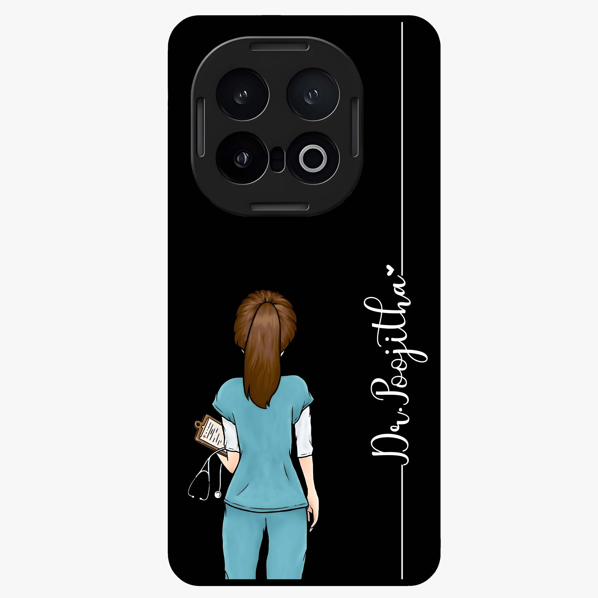 Doctor Pattern Custom Name Glass Case showing flat back view with medical themed pattern and personalized name design.