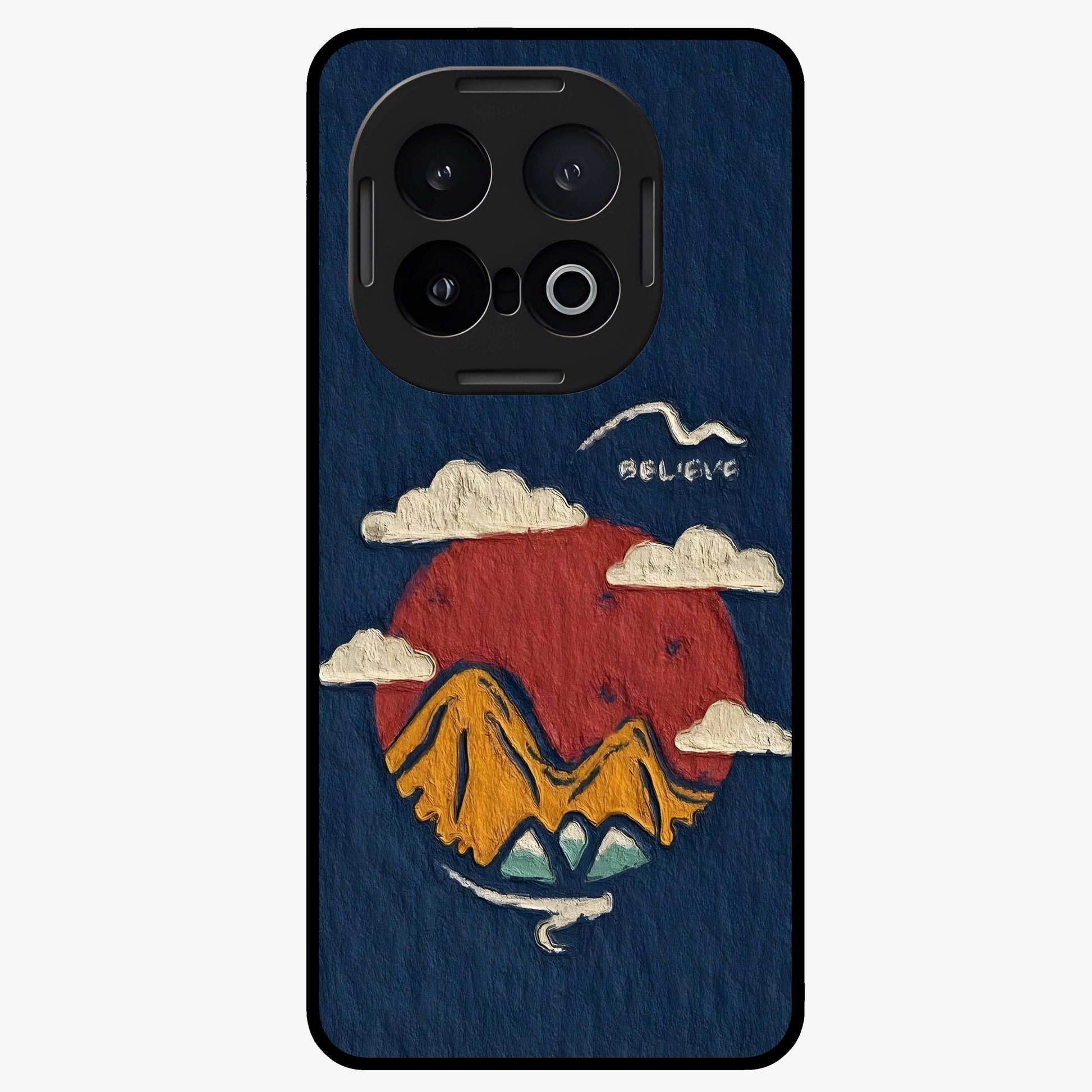 Dream Beyond Mountains Glass Case showing flat back view with scenic mountain landscape artwork and glossy glass finish.