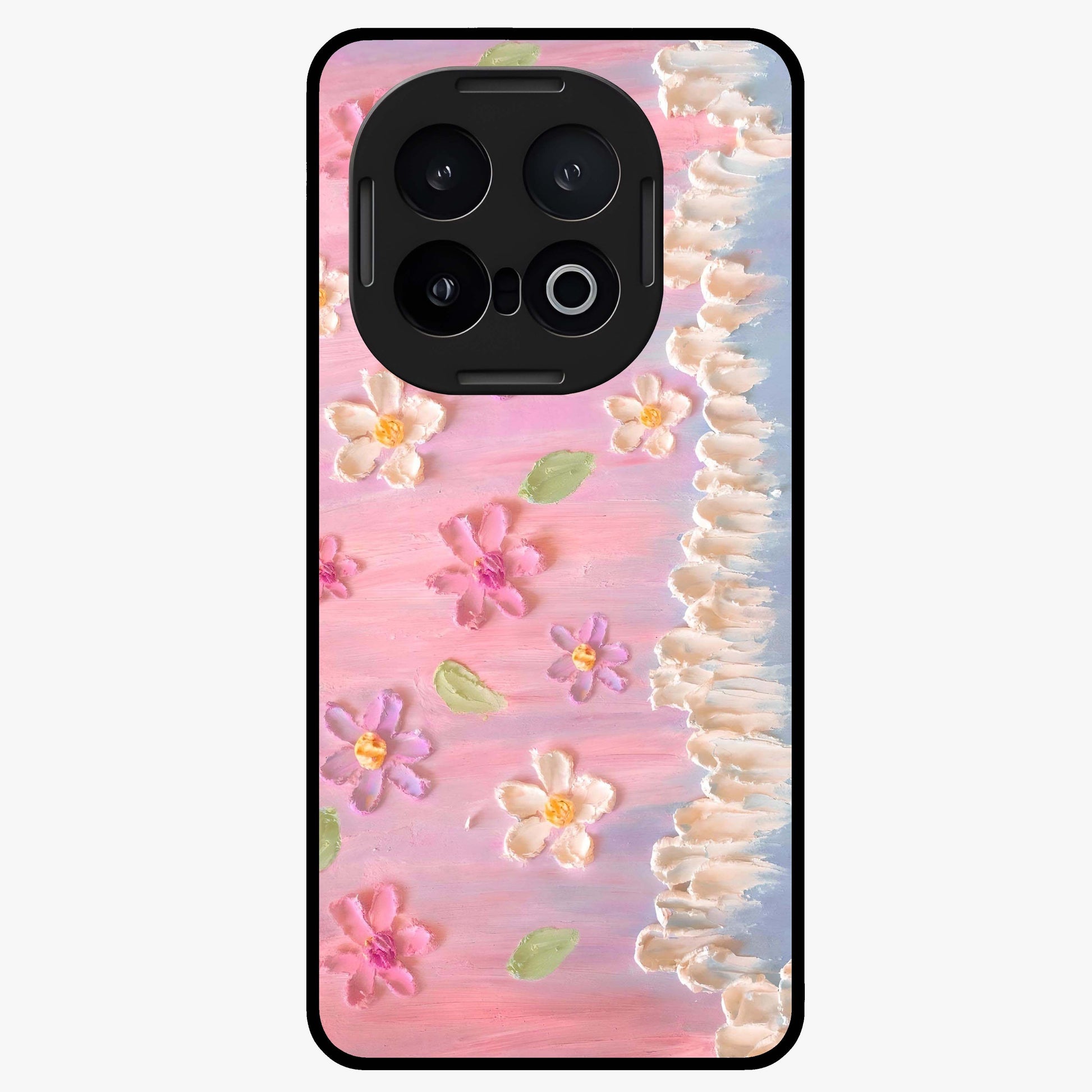 Dreamy Painted Garden Glass Case showing flat back view with artistic painted floral garden artwork and glossy glass finish.