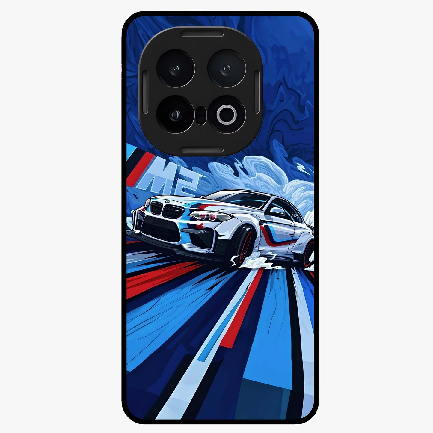 Drift Power Rush Glass Case showing flat back view with dynamic racing inspired artwork and glossy glass finish.