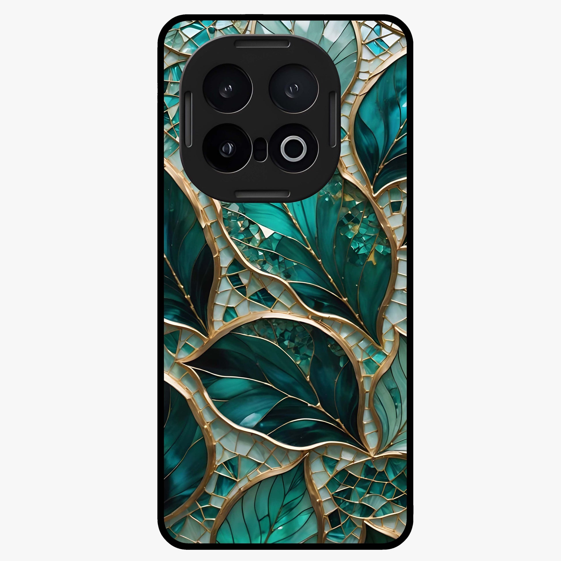 Emerald Leaf Glass Glass Case showing flat back view with emerald green leaf artwork and glossy glass finish.