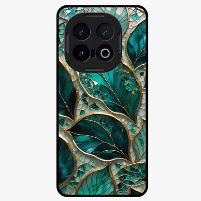 Emerald Leaf Glass Glass Case showing flat back view with emerald green leaf artwork and glossy glass finish.
