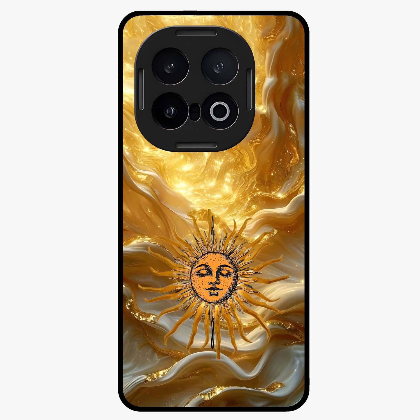 Eternal Golden Glow Glass Case showing flat back view with radiant golden themed artwork and glossy glass finish.