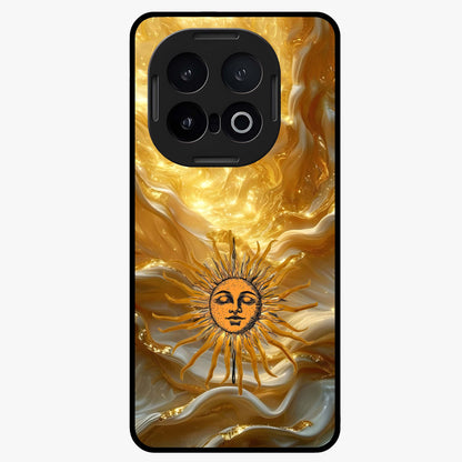 Eternal Golden Glow Glass Case showing flat back view with radiant golden themed artwork and glossy glass finish.