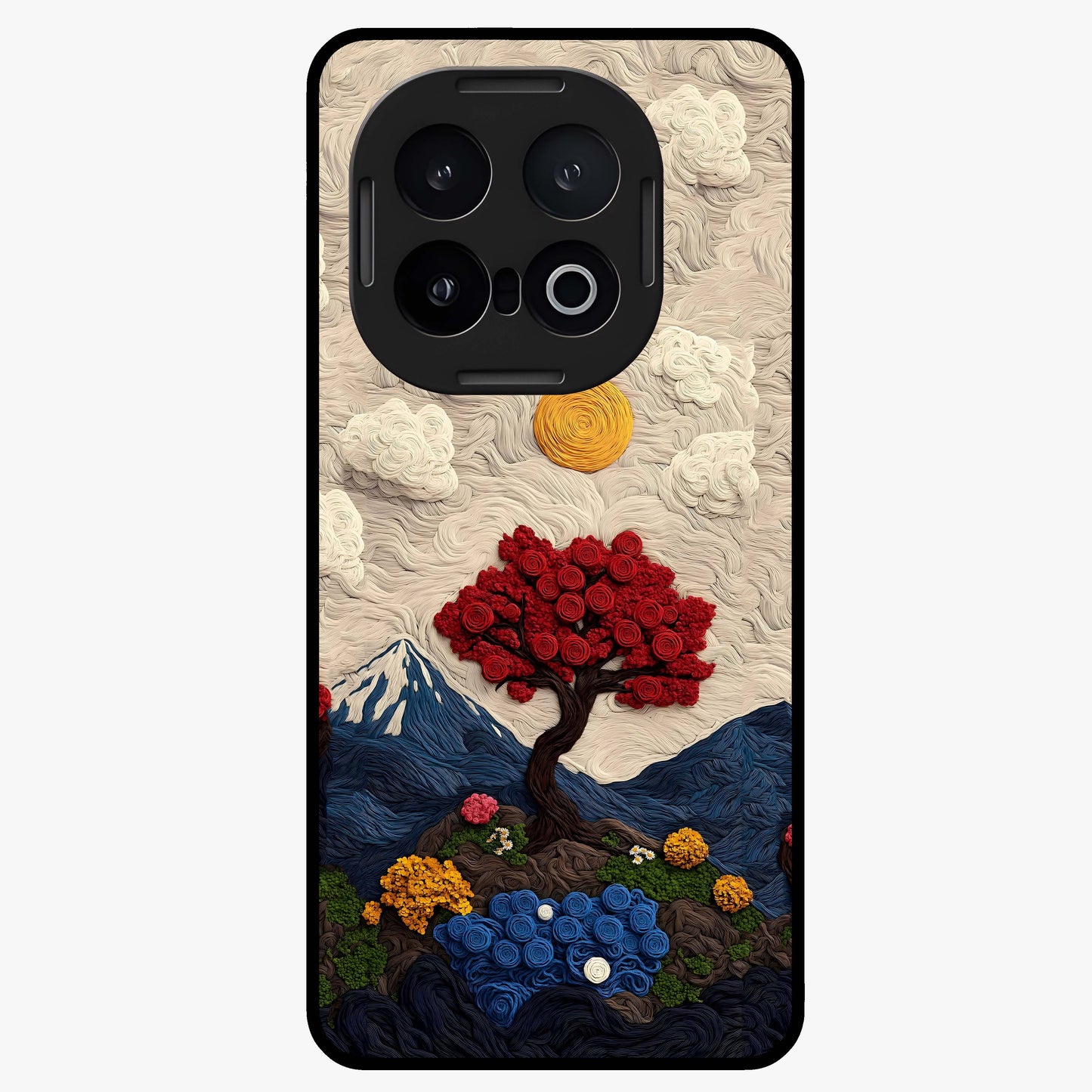 Eternal Nature Tapestry Glass Case showing flat back view with intricate nature tapestry artwork and glossy glass finish.