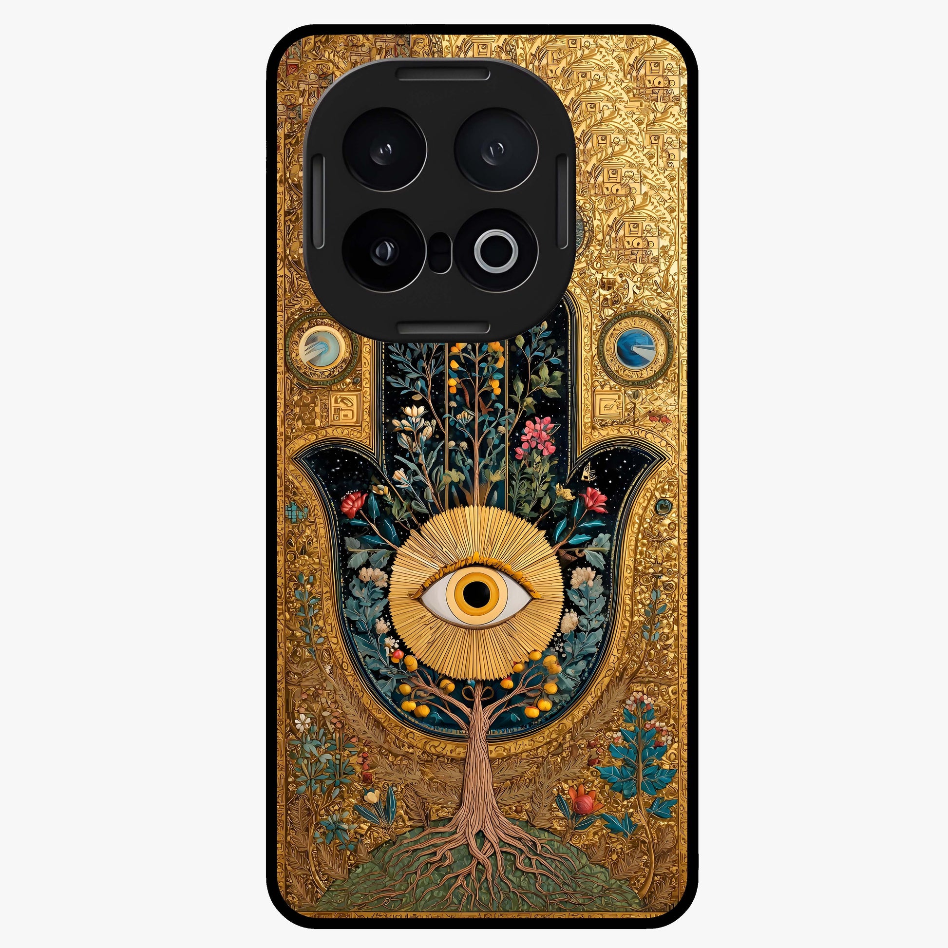 Ethereal Evil Eye Glass Case showing flat back view with mystical evil eye artwork and glossy glass finish.