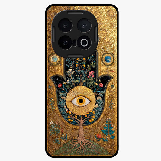 Ethereal Evil Eye Glass Case showing flat back view with mystical evil eye artwork and glossy glass finish.