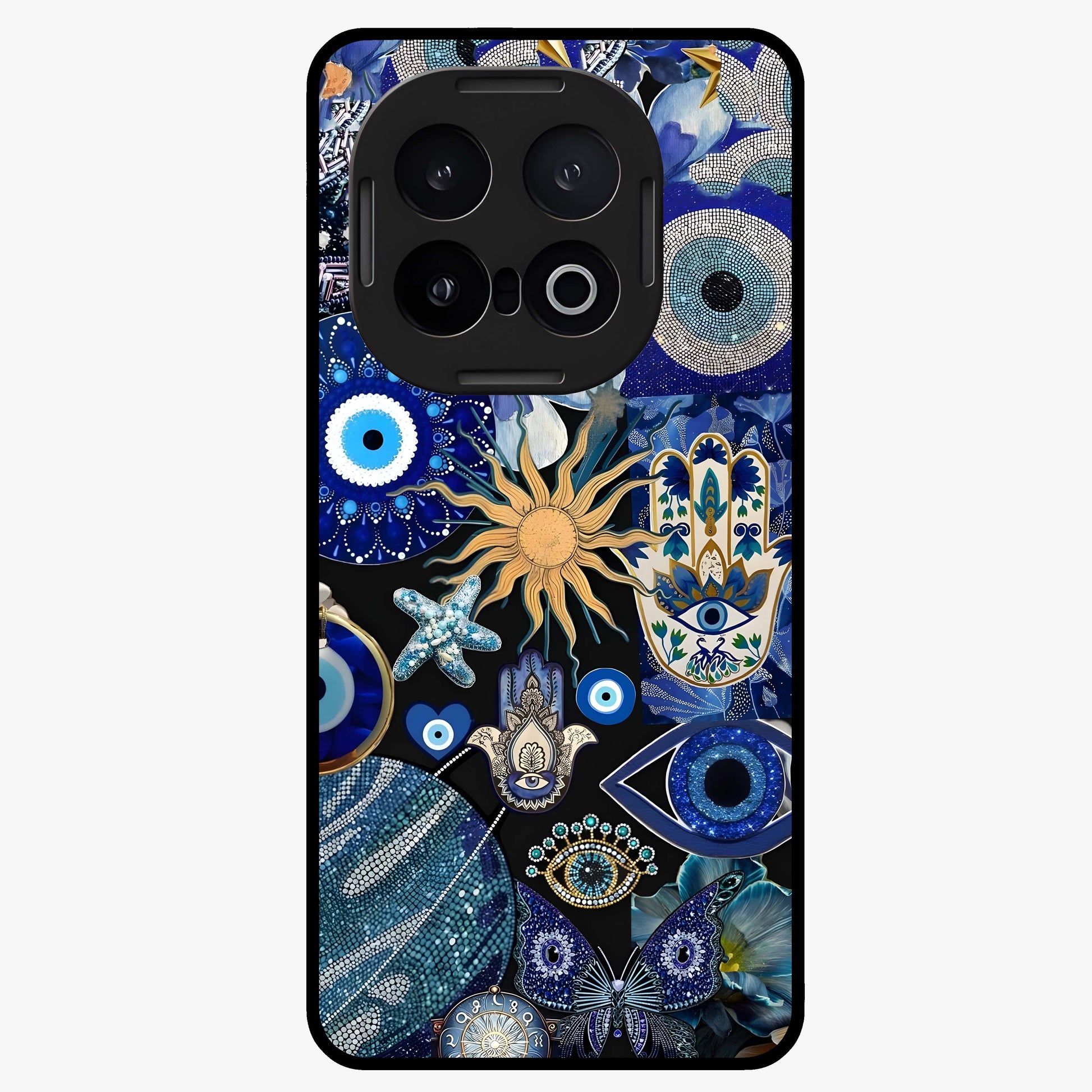 Evil Eye Charm Mix Glass Case showing flat back view with multiple evil eye charms artwork and glossy glass finish.