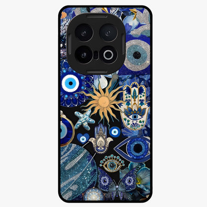 Evil Eye Charm Mix Glass Case showing flat back view with multiple evil eye charms artwork and glossy glass finish.