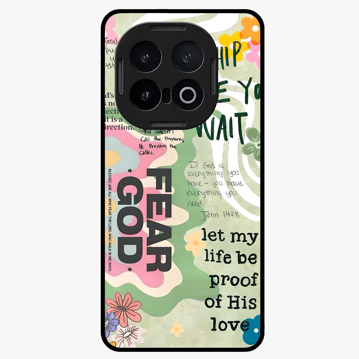 Faith Over Fear Glass Case showing flat back view with motivational typography artwork and glossy glass finish.