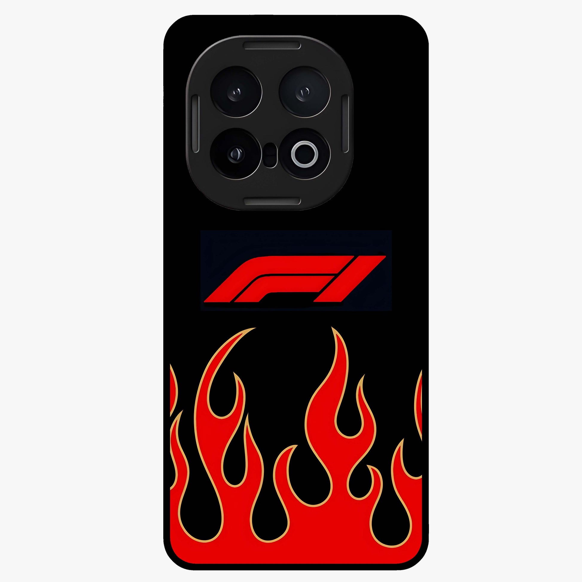 Fire F11 Glass Case showing flat back view with fiery themed artwork and glossy glass finish.