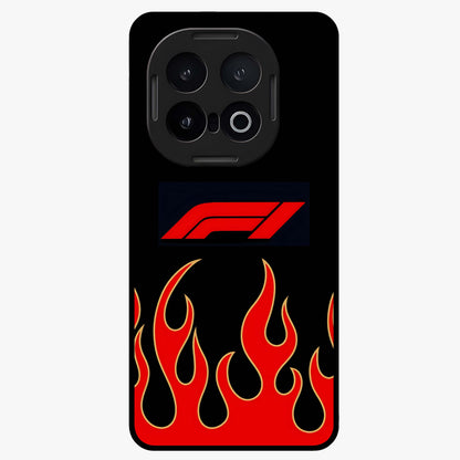 Fire F11 Glass Case showing flat back view with fiery themed artwork and glossy glass finish.