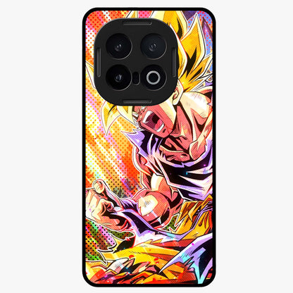 Firing Goku Glass Case showing flat back view with powerful anime inspired artwork and glossy glass finish.