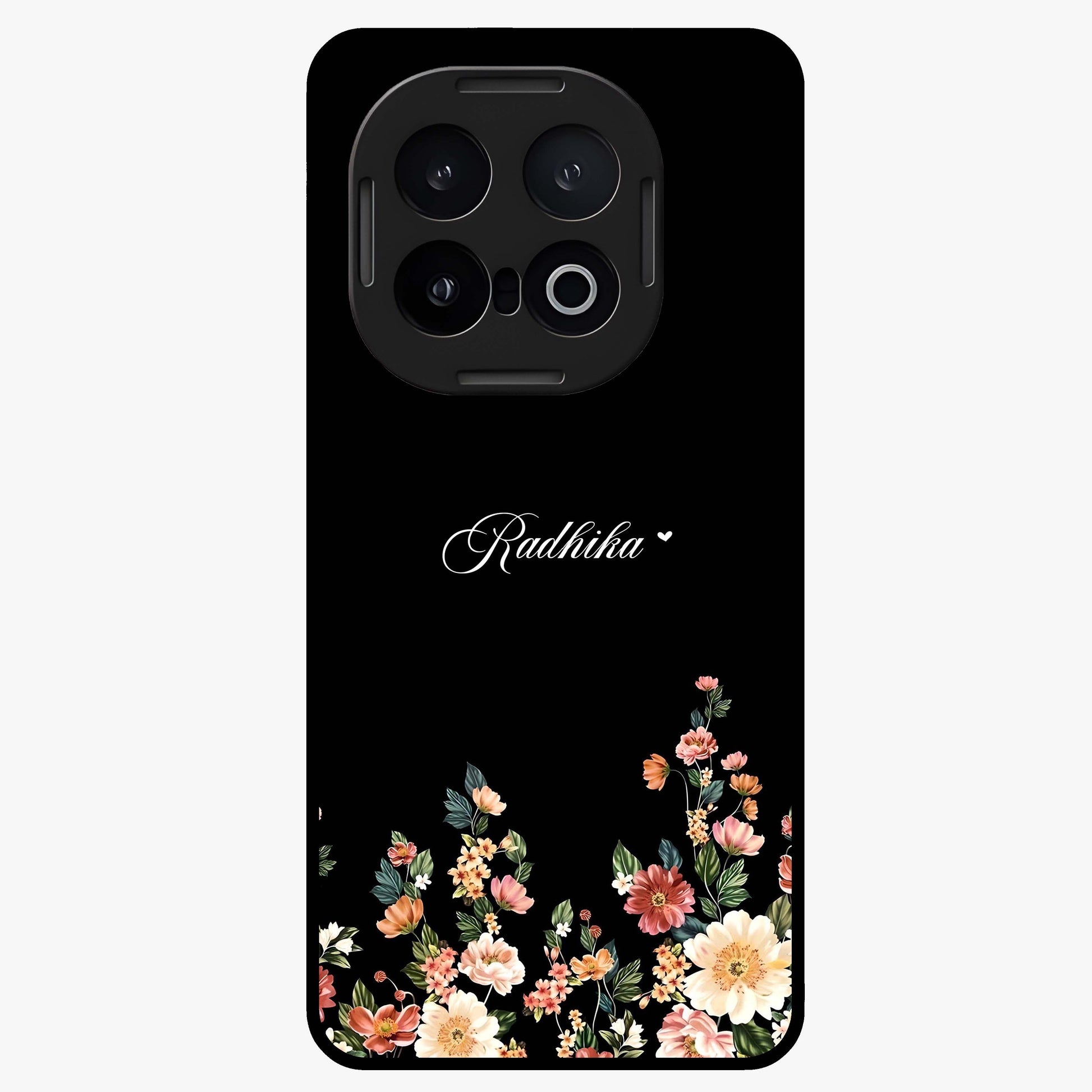 Floral Design With a Custom Personalized Name Glass Case showing flat back view with floral artwork and personalized name design.