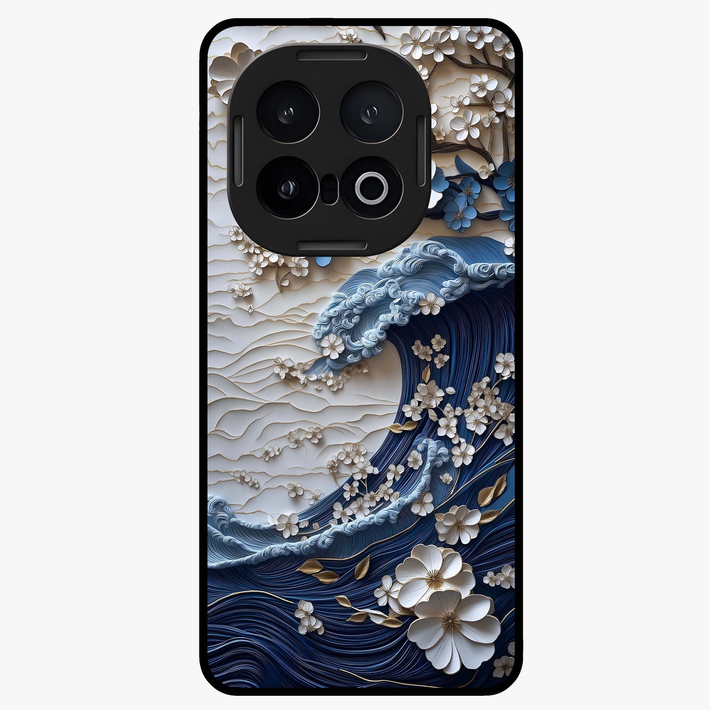 Floral Wave Origami Glass Case showing flat back view with origami inspired floral wave artwork and glossy glass finish.