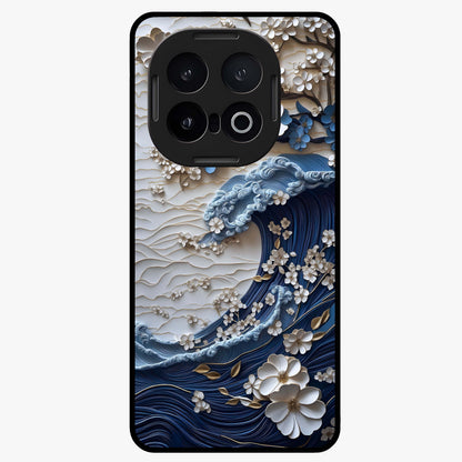 Floral Wave Origami Glass Case showing flat back view with origami inspired floral wave artwork and glossy glass finish.