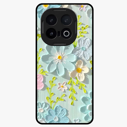 Frosted Petal Garden Glass Case showing flat back view with soft frosted floral artwork and glossy glass finish.