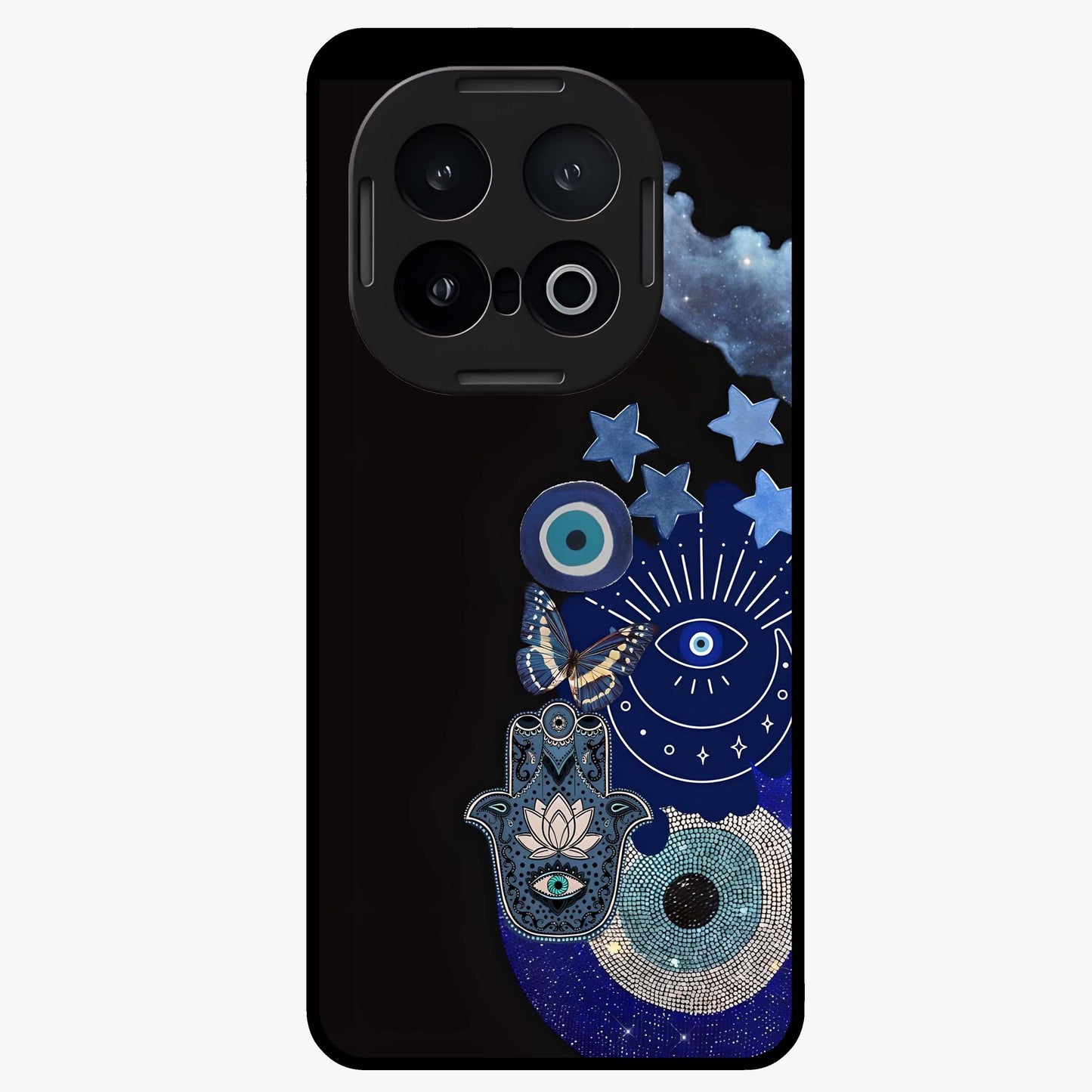 Galactic Charm Cluster Glass Case showing flat back view with glowing celestial charm artwork and glossy glass finish.