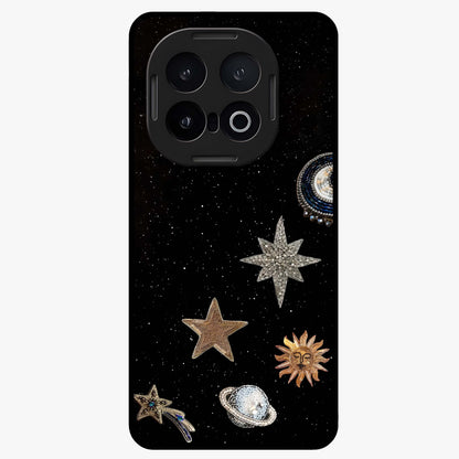 Galactic Charm Glow Glass Case showing flat back view with glowing celestial charm artwork and glossy glass finish.