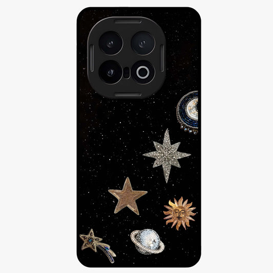 Galactic Charm Glow Glass Case showing flat back view with glowing celestial charm artwork and glossy glass finish.