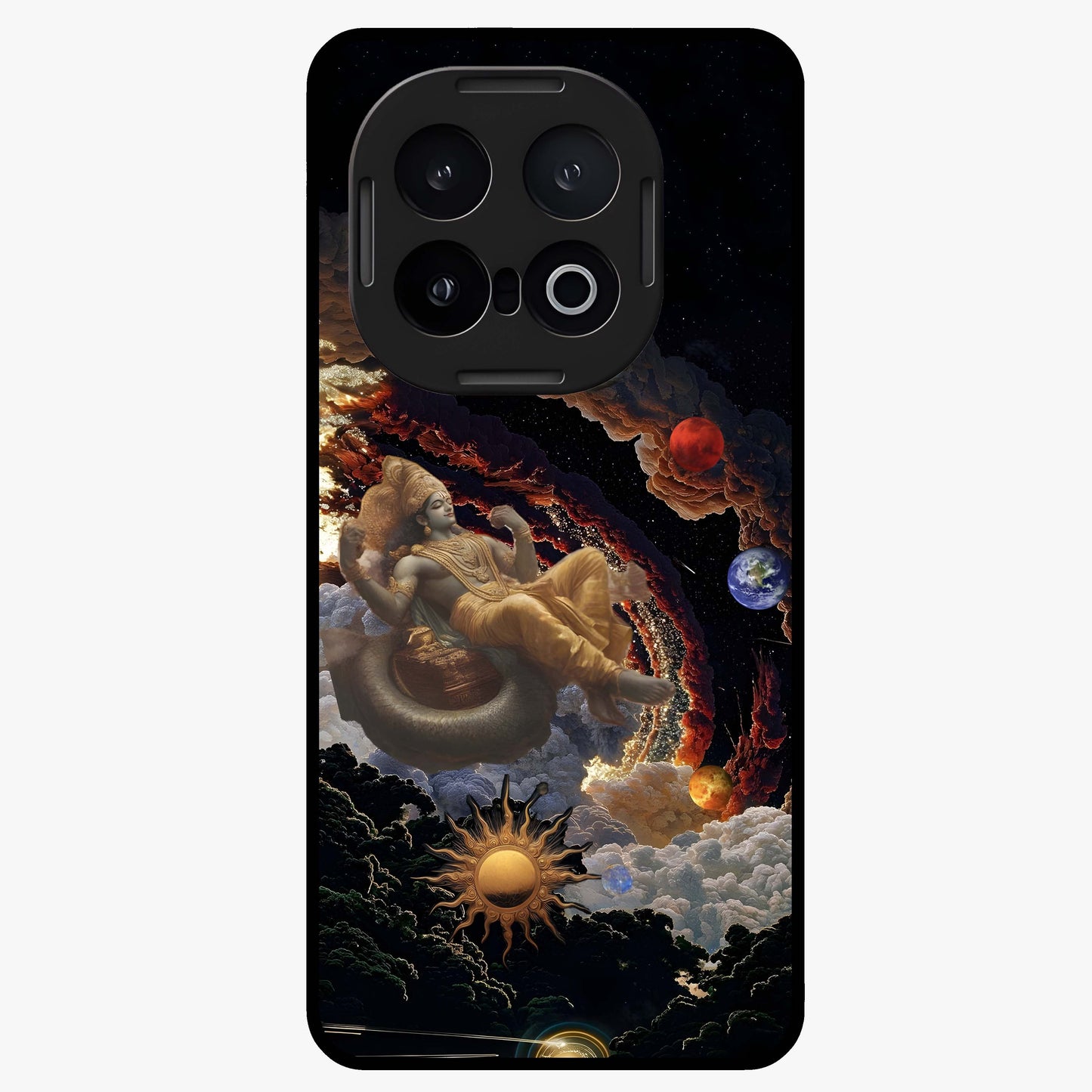 Galactic Divine God Glass Case showing flat back view with divine cosmic themed artwork and glossy glass finish.
