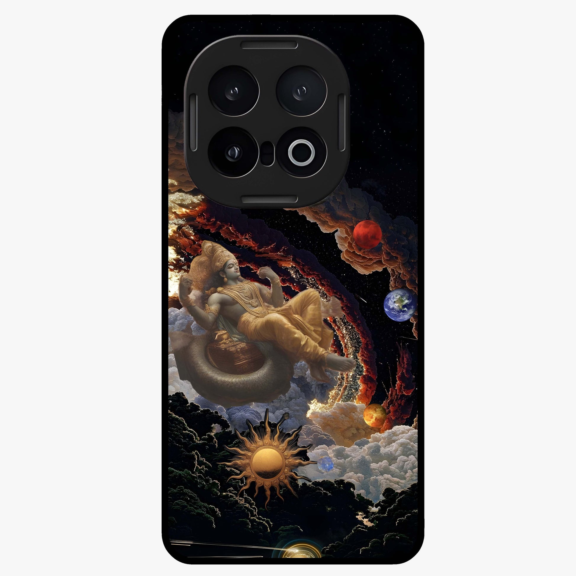 Galactic Divine God Glass Case showing flat back view with divine cosmic themed artwork and glossy glass finish.