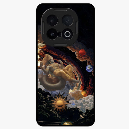 Galactic Divine God Glass Case showing flat back view with divine cosmic themed artwork and glossy glass finish.