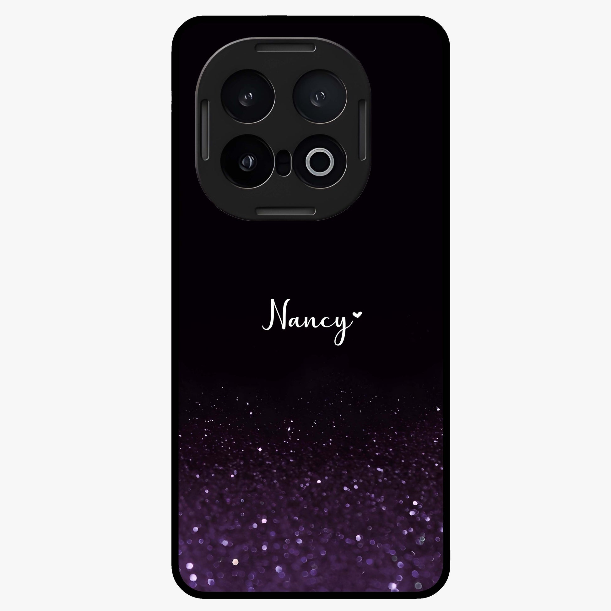 Glittery Purple Bokeh Custom Name Glass Case showing flat back view with purple bokeh sparkle artwork and personalized name design.