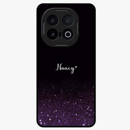 Glittery Purple Bokeh Custom Name Glass Case showing flat back view with purple bokeh sparkle artwork and personalized name design.