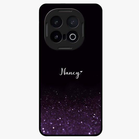 Glittery Purple Bokeh Custom Name Glass Case showing flat back view with purple bokeh sparkle artwork and personalized name design.