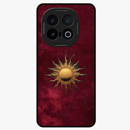 Golden Celestial Charm Glass Case showing flat back view with golden celestial charm artwork and glossy glass finish.