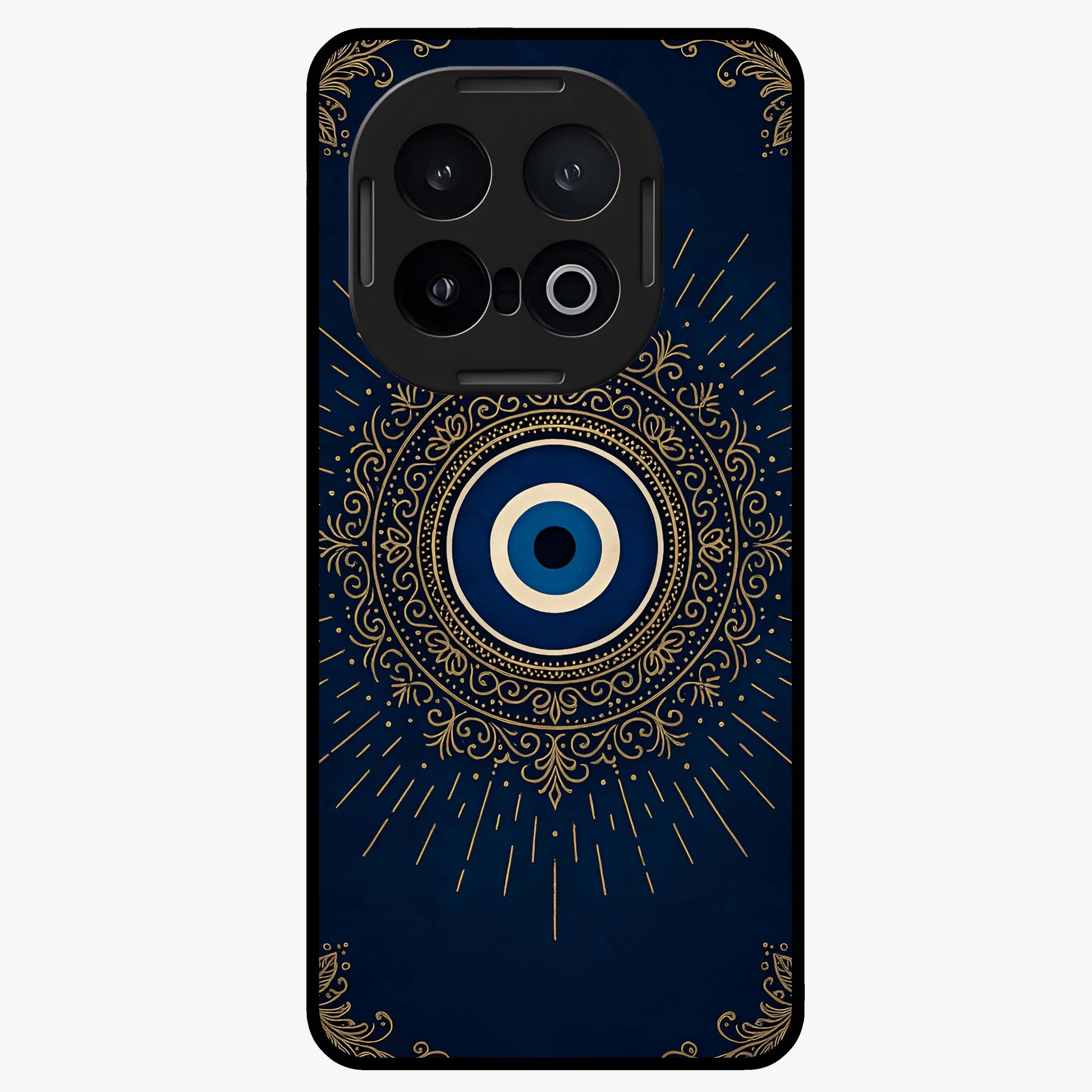 Golden Evil Eye Mandala Glass Case showing flat back view with intricate evil eye mandala artwork and glossy glass finish.