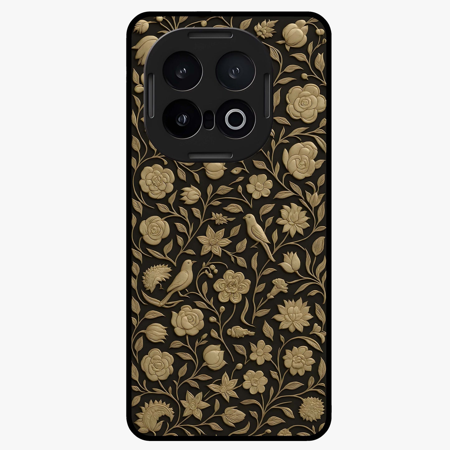 Golden Lotus Glow Glass Case showing flat back view with glowing lotus flower artwork and glossy glass finish.