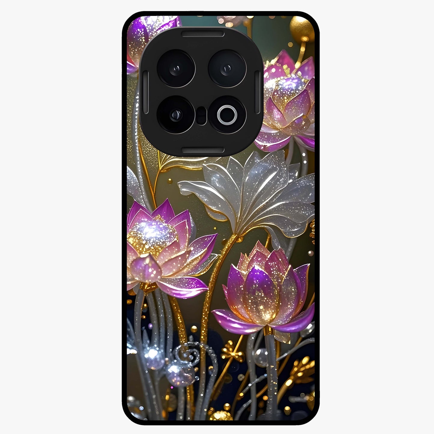 Golden Royal Heritage Glass Case showing flat back view with ornate royal pattern artwork and glossy glass finish.
