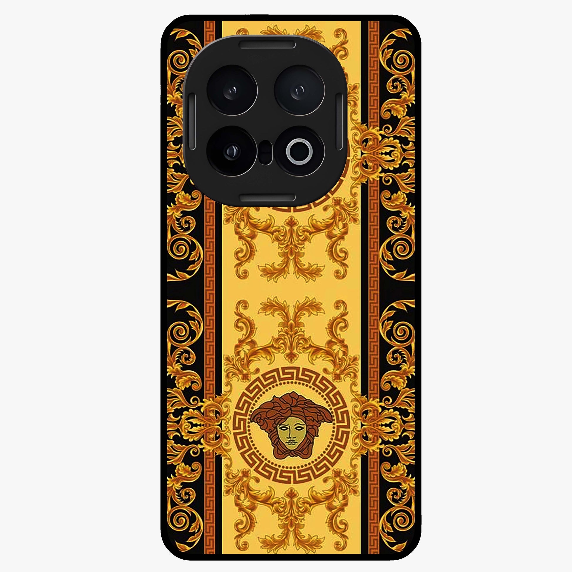 Golden Royal Heritage Glass Case showing flat back view with ornate royal pattern artwork and glossy glass finish.