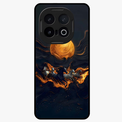 Golden Sun Majesty Glass Case showing flat back view with radiant golden sun artwork and glossy glass finish.