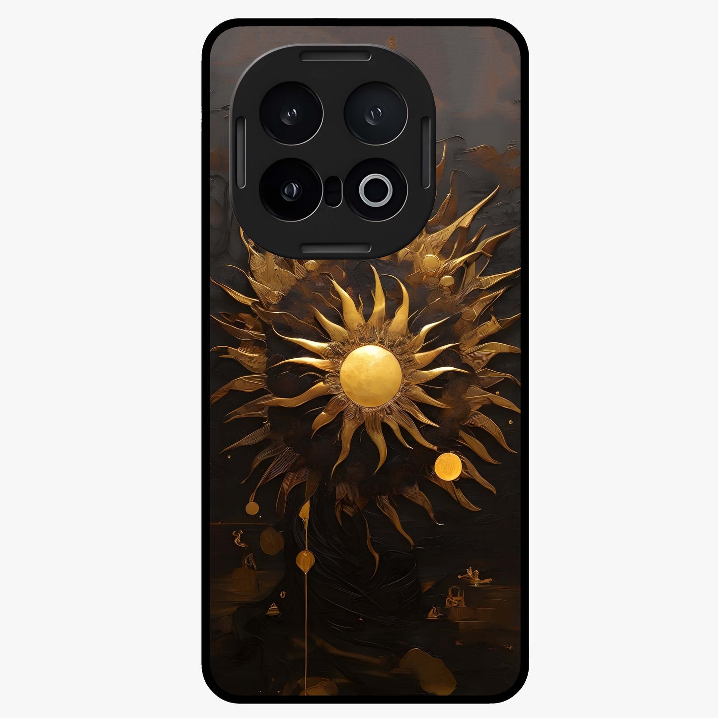 Golden Sun Minimalism Glass Case showing flat back view with minimal golden sun artwork and glossy glass finish.