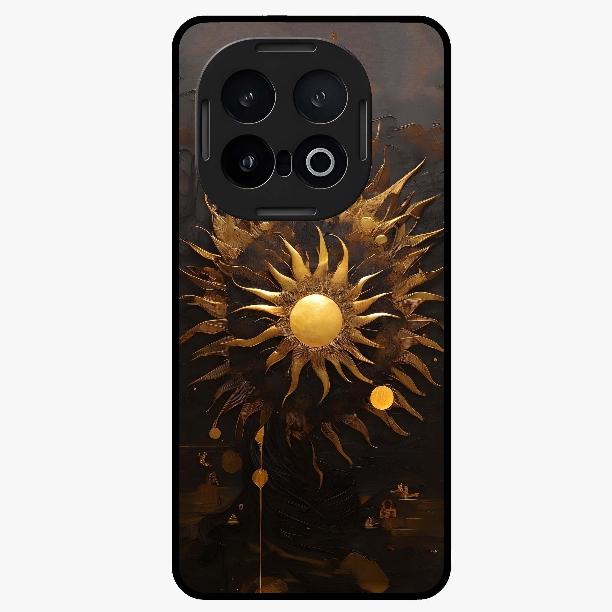 Golden Sun Minimalism Glass Case showing flat back view with minimal golden sun artwork and glossy glass finish.