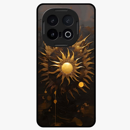 Golden Sun Minimalism Glass Case showing flat back view with minimal golden sun artwork and glossy glass finish.