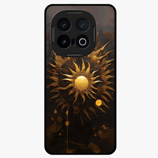 Golden Sun Majesty Glass Case showing flat back view with radiant golden sun artwork and glossy glass finish.
