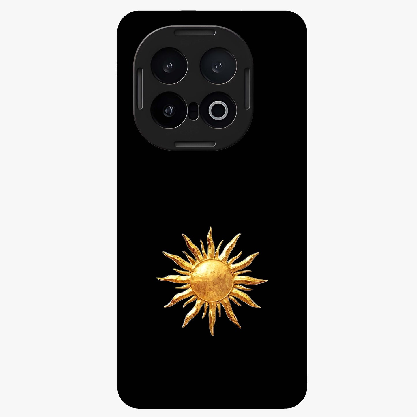 Gold Sun Blush Glass Case showing flat back view with golden sun inspired artwork and glossy glass finish.