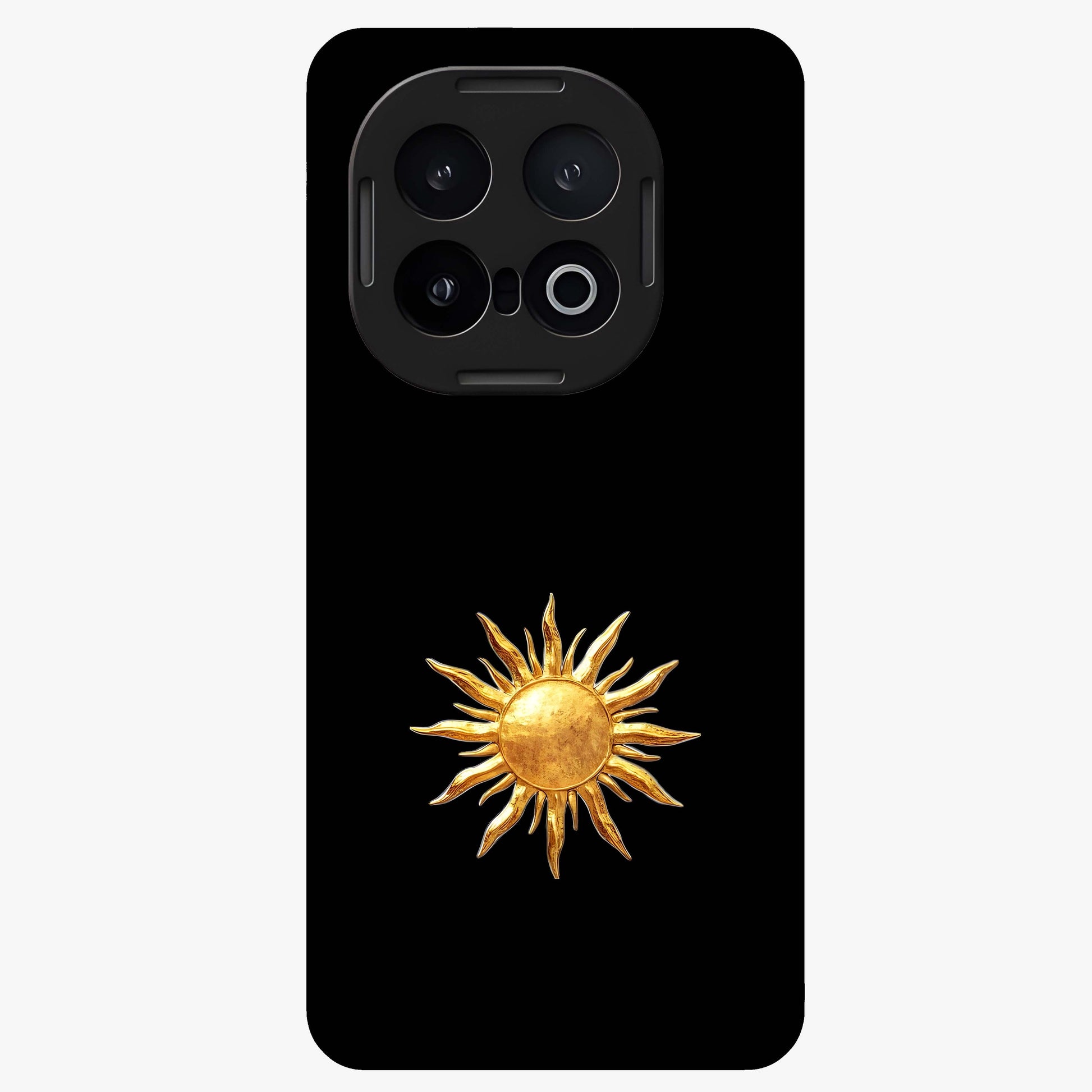 Gold Sun Blush Glass Case showing flat back view with golden sun inspired artwork and glossy glass finish.