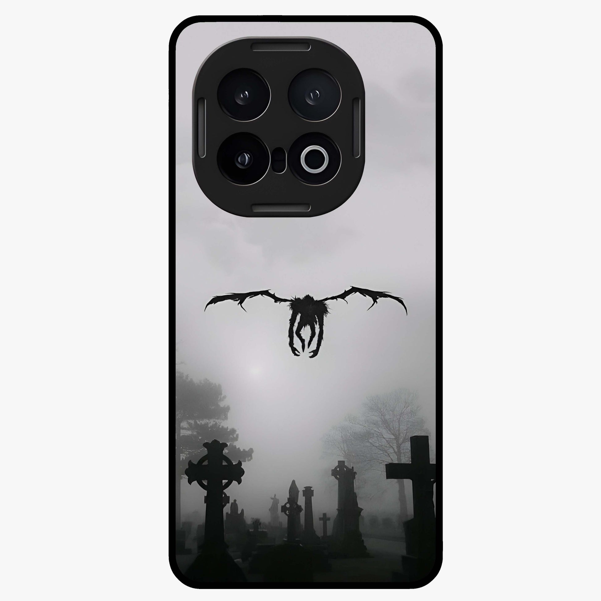 Graveyard Shadow Descent Glass Case showing flat back view with dark graveyard themed artwork and glossy glass finish.