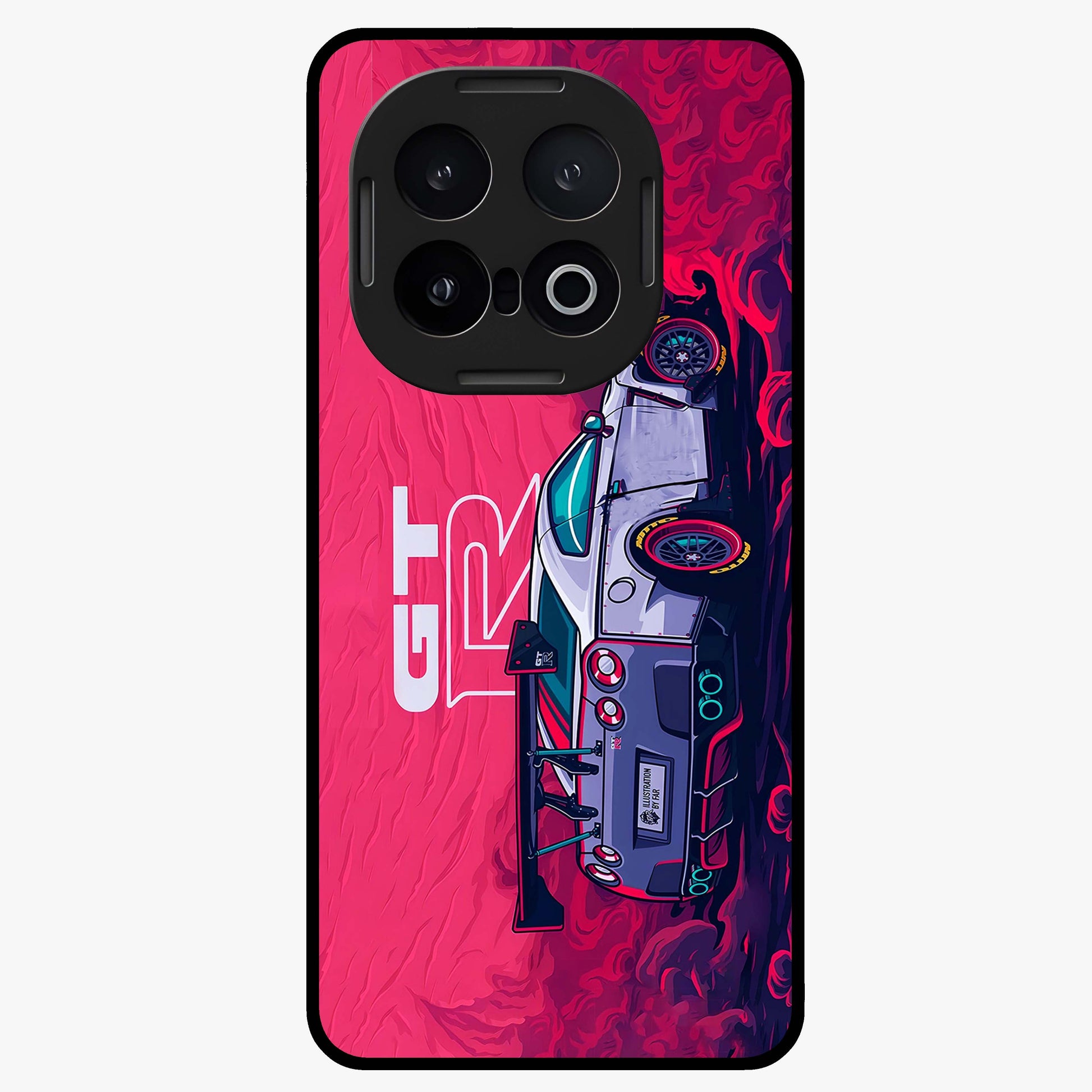 GT-R Car Pattern Glass Case showing flat back view with sporty car inspired pattern artwork and glossy glass finish.