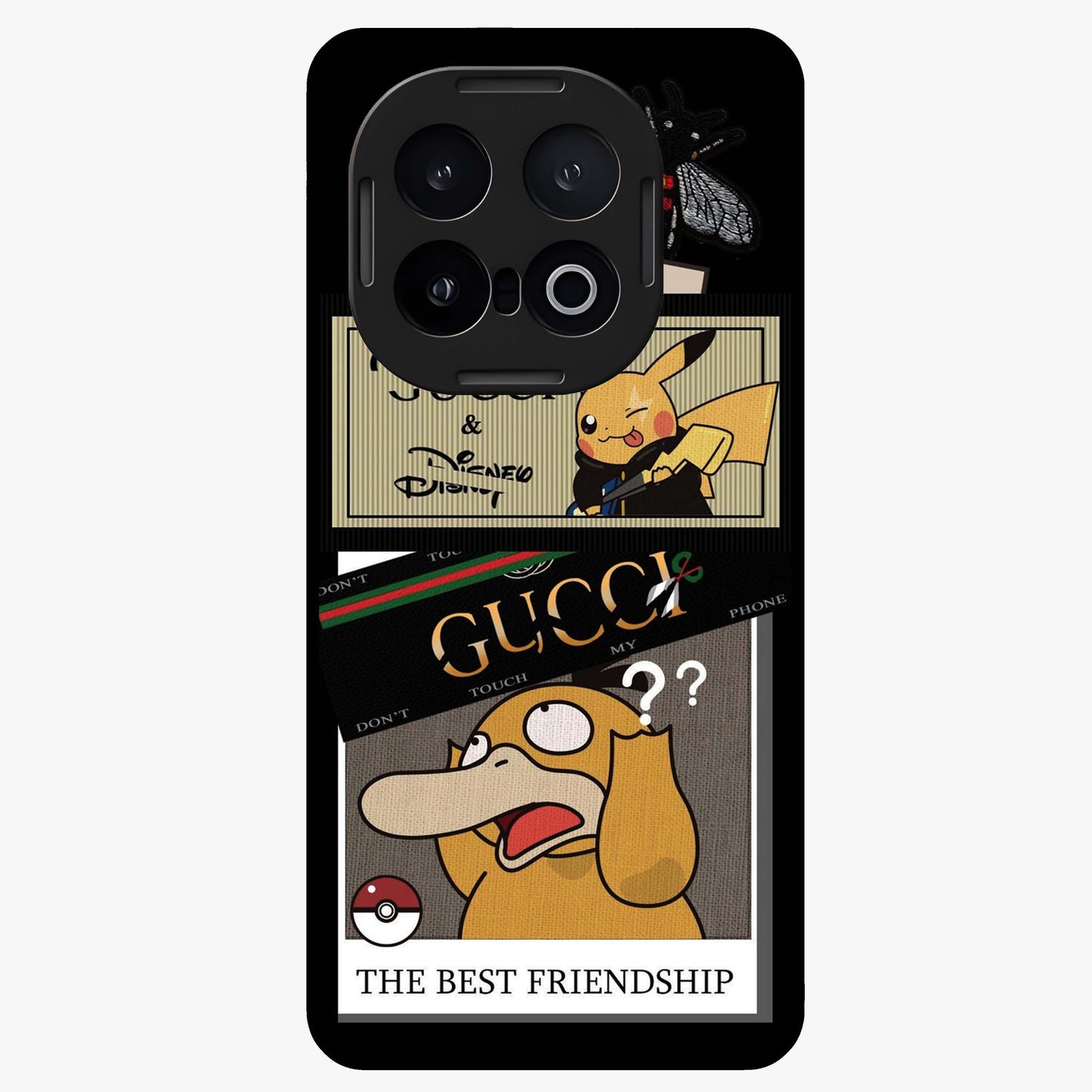 Gucci Play Mashup Glass Case showing flat back view with luxury inspired graphic artwork and glossy glass finish.