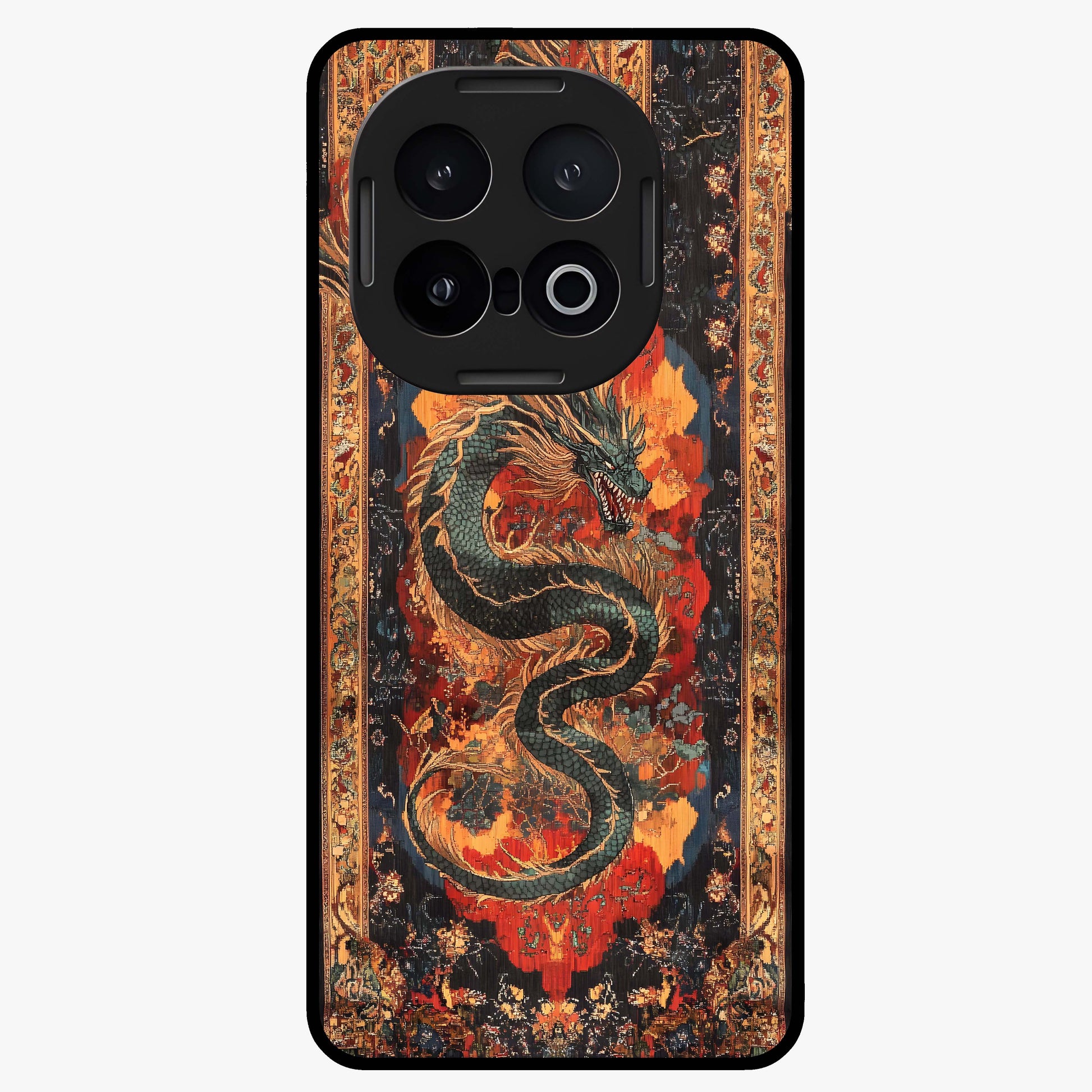 Inferno Dragon Soul Glass Case showing flat back view with fiery dragon artwork and glossy glass finish.